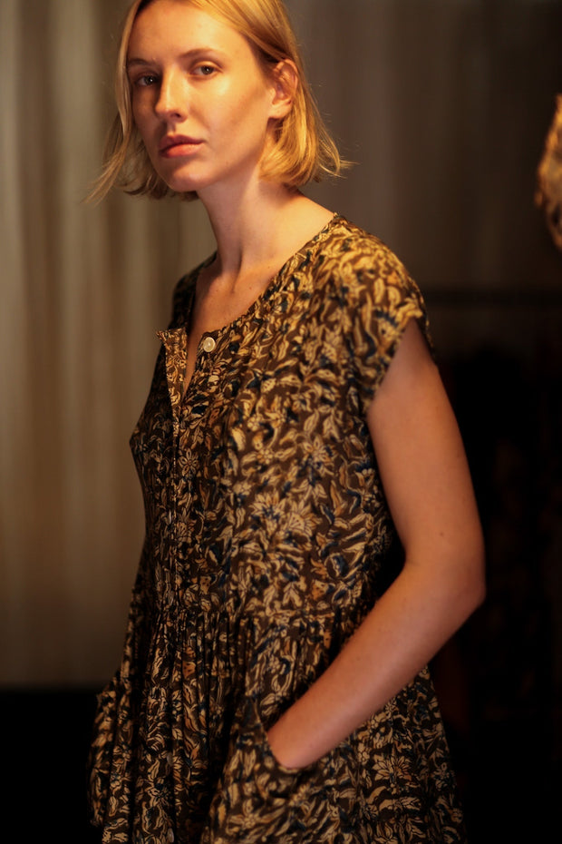 EDITH SILK DRESS GARDEN BEIGE - sustainably made MOMO NEW YORK sustainable clothing, Boho Chic Dress slow fashion