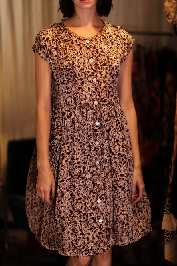 EDITH SILK DRESS GREY FLORAL - sustainably made MOMO NEW YORK sustainable clothing, Boho Chic Dress slow fashion