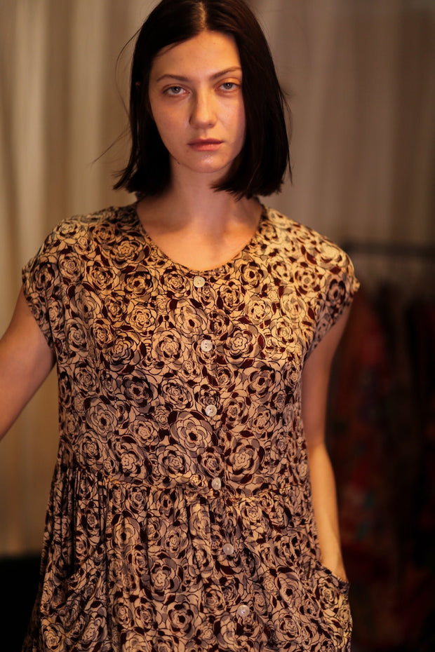 EDITH SILK DRESS GREY FLORAL - sustainably made MOMO NEW YORK sustainable clothing, Boho Chic Dress slow fashion