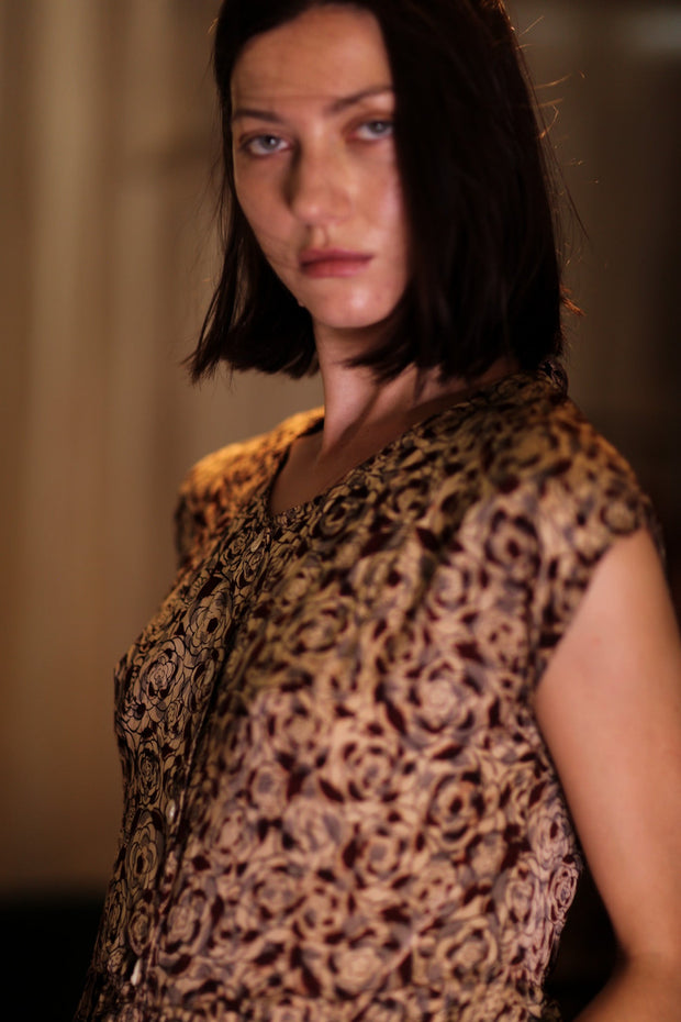 EDITH SILK DRESS GREY FLORAL - sustainably made MOMO NEW YORK sustainable clothing, Boho Chic Dress slow fashion