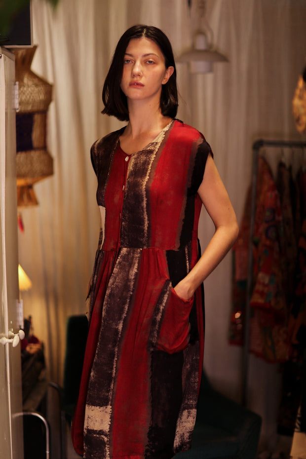 EDITH SILK DRESS RED STRIPE - sustainably made MOMO NEW YORK sustainable clothing, Boho Chic Dress slow fashion