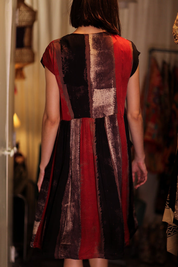 EDITH SILK DRESS RED STRIPE - sustainably made MOMO NEW YORK sustainable clothing, Boho Chic Dress slow fashion