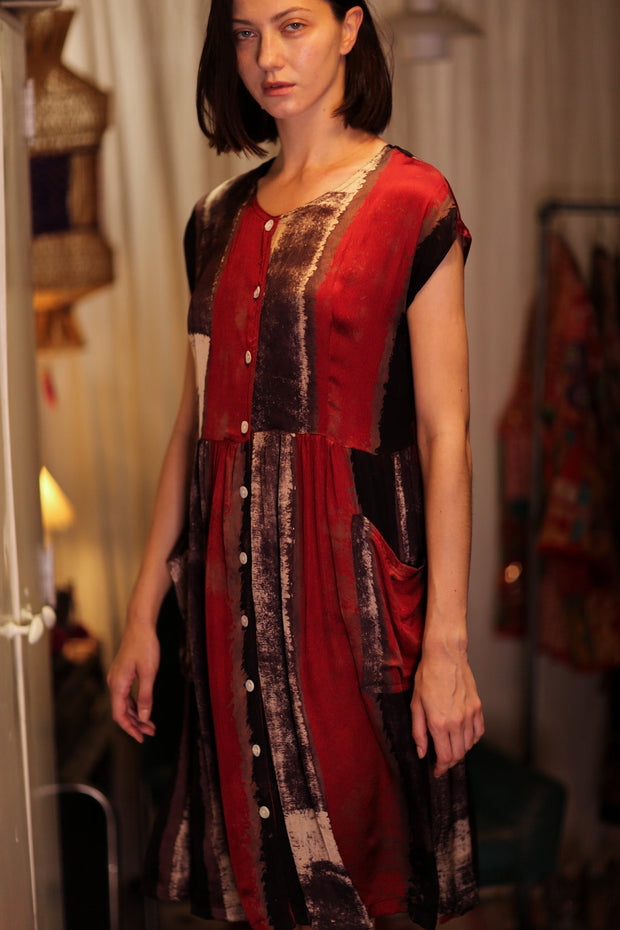 EDITH SILK DRESS RED STRIPE - sustainably made MOMO NEW YORK sustainable clothing, Boho Chic Dress slow fashion