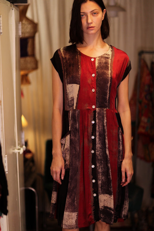 EDITH SILK DRESS RED STRIPE - sustainably made MOMO NEW YORK sustainable clothing, Boho Chic Dress slow fashion