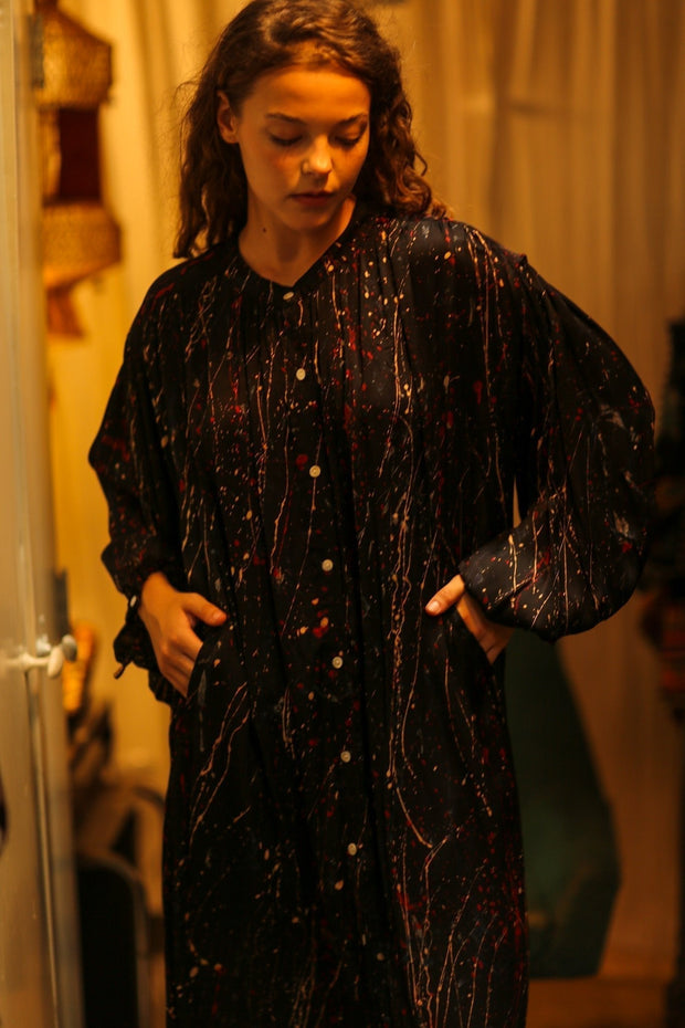ELIZABETH SILK DRESS BLACK POLLOCK - sustainably made MOMO NEW YORK sustainable clothing, Boho Chic slow fashion