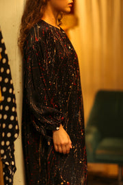 ELIZABETH SILK DRESS BLACK POLLOCK - sustainably made MOMO NEW YORK sustainable clothing, Boho Chic slow fashion