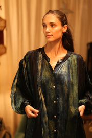 ELIZABETH SILK DRESS BLUE STRIPE - sustainably made MOMO NEW YORK sustainable clothing, Boho Chic Dress slow fashion