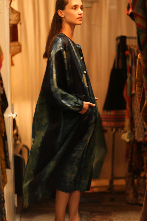 ELIZABETH SILK DRESS BLUE STRIPE - sustainably made MOMO NEW YORK sustainable clothing, Boho Chic Dress slow fashion