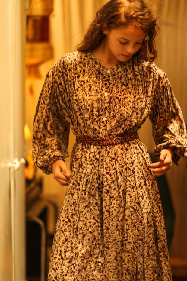 ELIZABETH SILK DRESS GREY FLORAL - sustainably made MOMO NEW YORK sustainable clothing, Boho Chic slow fashion