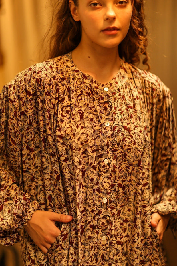 ELIZABETH SILK DRESS GREY FLORAL - sustainably made MOMO NEW YORK sustainable clothing, Boho Chic slow fashion