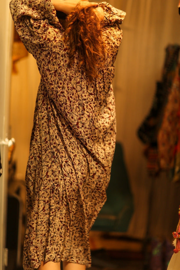 ELIZABETH SILK DRESS GREY FLORAL - sustainably made MOMO NEW YORK sustainable clothing, Boho Chic slow fashion