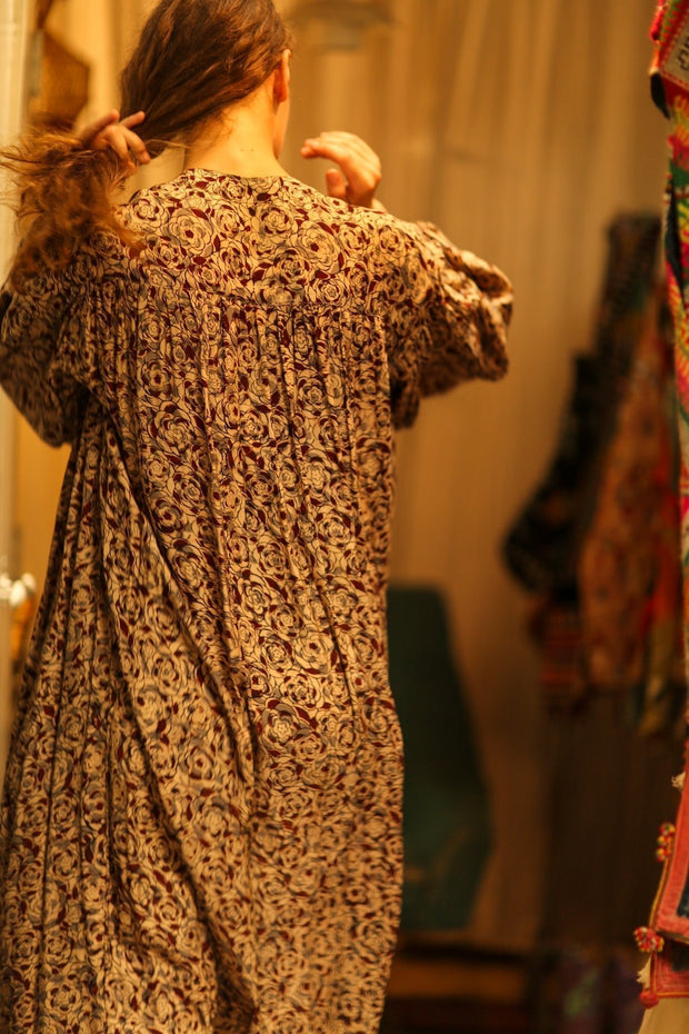 ELIZABETH SILK DRESS GREY FLORAL - sustainably made MOMO NEW YORK sustainable clothing, Boho Chic slow fashion