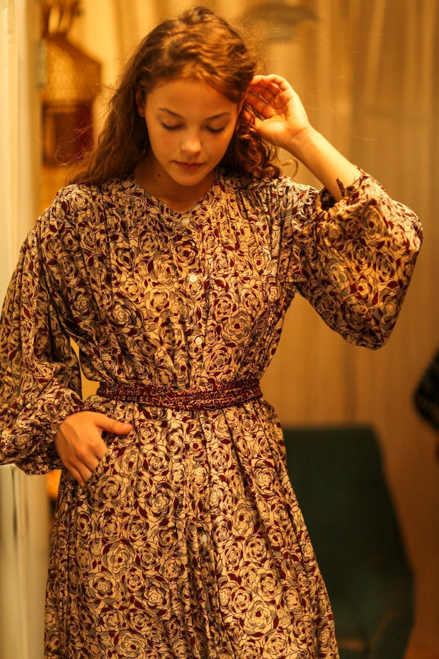 ELIZABETH SILK DRESS GREY FLORAL - sustainably made MOMO NEW YORK sustainable clothing, Boho Chic slow fashion