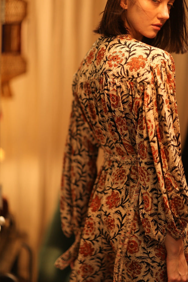 ELIZABETH SILK DRESS MUGHAL BLACK AND RED - sustainably made MOMO NEW YORK sustainable clothing, Boho Chic slow fashion