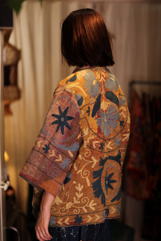 EMBROIDERED KANTHA KIMONO MONTY BEACH TONES - sustainably made MOMO NEW YORK sustainable clothing, embellished slow fashion