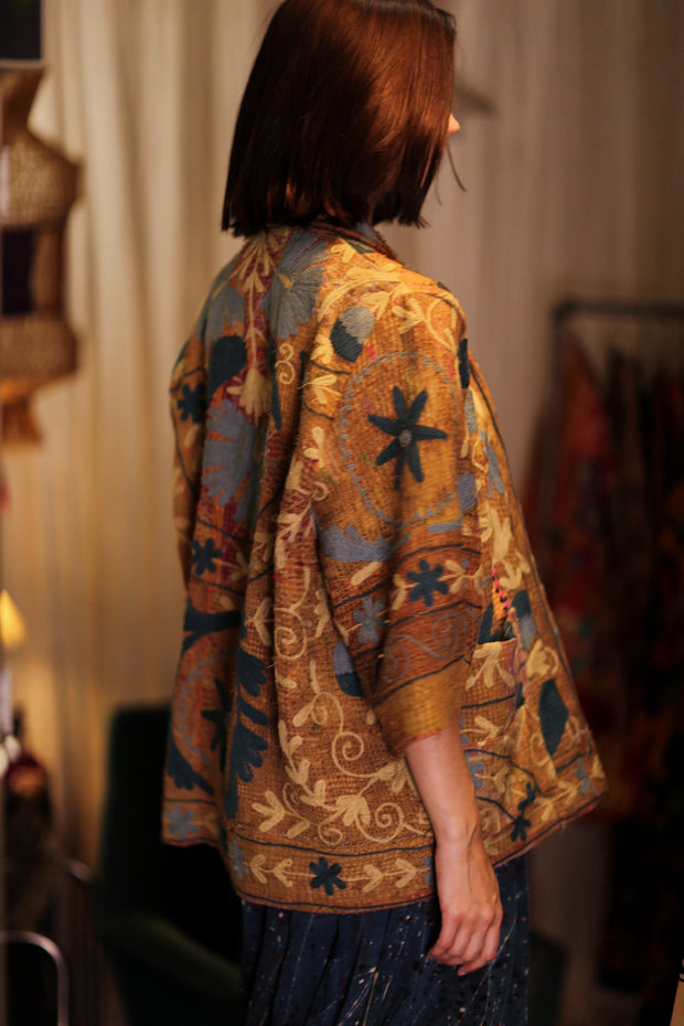 EMBROIDERED KANTHA KIMONO MONTY BEACH TONES - sustainably made MOMO NEW YORK sustainable clothing, embellished slow fashion