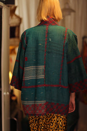 EMBROIDERED KANTHA KIMONO MONTY FOREST GREEN - sustainably made MOMO NEW YORK sustainable clothing, embellished slow fashion