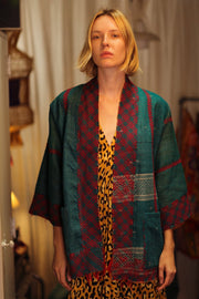 EMBROIDERED KANTHA KIMONO MONTY FOREST GREEN - sustainably made MOMO NEW YORK sustainable clothing, embellished slow fashion