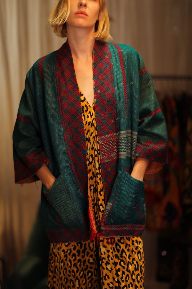 EMBROIDERED KANTHA KIMONO MONTY FOREST GREEN - sustainably made MOMO NEW YORK sustainable clothing, embellished slow fashion