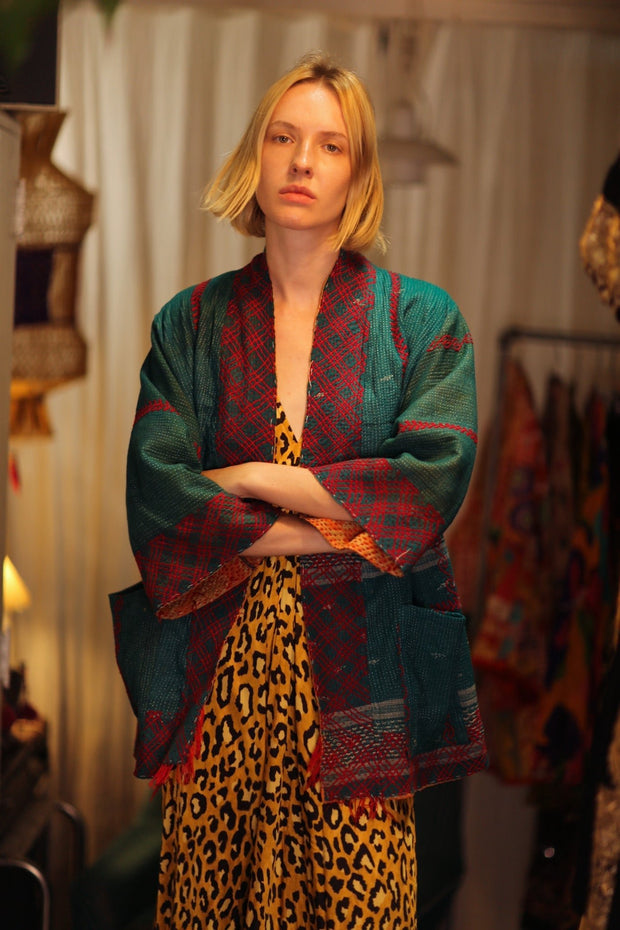 EMBROIDERED KANTHA KIMONO MONTY FOREST GREEN - sustainably made MOMO NEW YORK sustainable clothing, embellished slow fashion