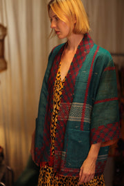 EMBROIDERED KANTHA KIMONO MONTY FOREST GREEN - sustainably made MOMO NEW YORK sustainable clothing, embellished slow fashion