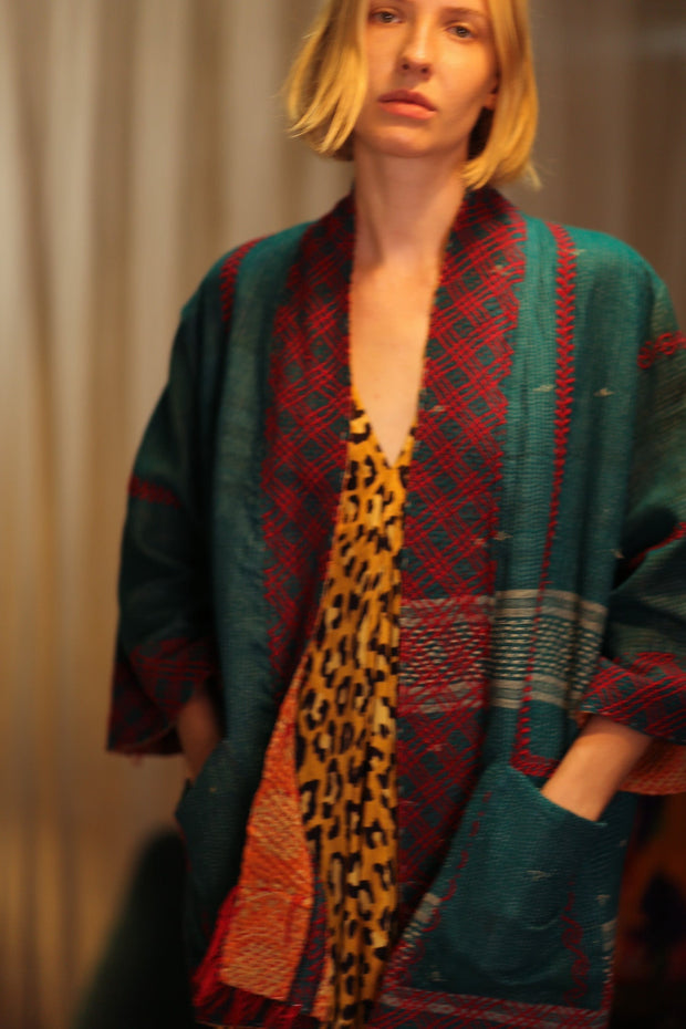 EMBROIDERED KANTHA KIMONO MONTY FOREST GREEN - sustainably made MOMO NEW YORK sustainable clothing, embellished slow fashion