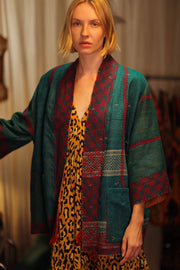 EMBROIDERED KANTHA KIMONO MONTY FOREST GREEN - sustainably made MOMO NEW YORK sustainable clothing, embellished slow fashion