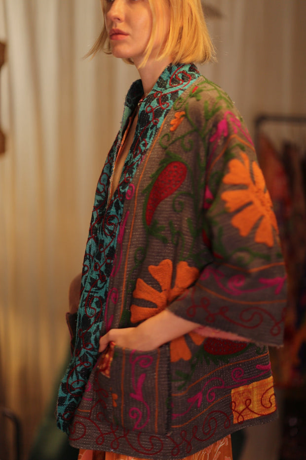EMBROIDERED KANTHA KIMONO MONTY POT ROAST - sustainably made MOMO NEW YORK sustainable clothing, embellished slow fashion