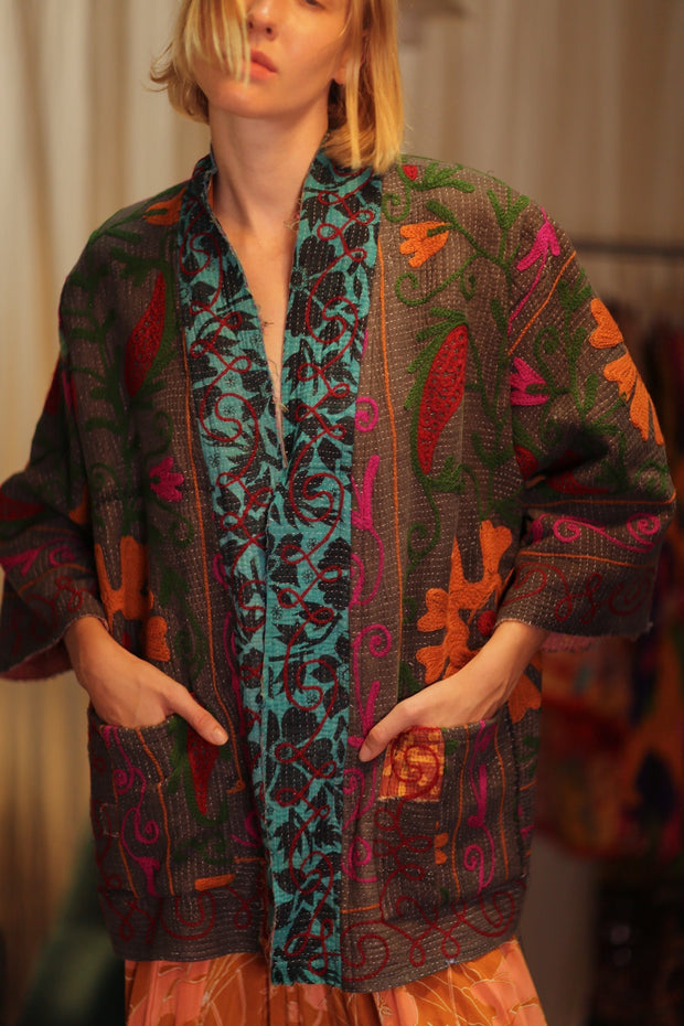 EMBROIDERED KANTHA KIMONO MONTY POT ROAST - sustainably made MOMO NEW YORK sustainable clothing, embellished slow fashion