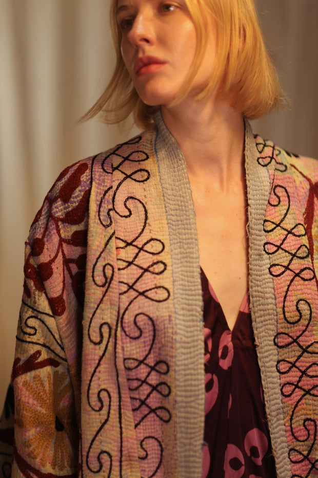 EMBROIDERED KANTHA KIMONO MONTY RED WINE - sustainably made MOMO NEW YORK sustainable clothing, embellished slow fashion