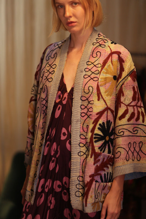 EMBROIDERED KANTHA KIMONO MONTY RED WINE - sustainably made MOMO NEW YORK sustainable clothing, embellished slow fashion