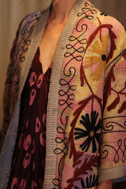 EMBROIDERED KANTHA KIMONO MONTY RED WINE - sustainably made MOMO NEW YORK sustainable clothing, embellished slow fashion