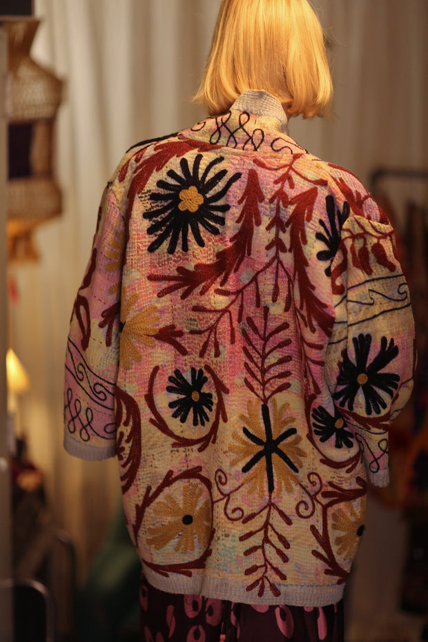 EMBROIDERED KANTHA KIMONO MONTY RED WINE - sustainably made MOMO NEW YORK sustainable clothing, embellished slow fashion