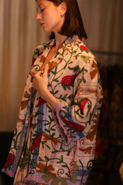EMBROIDERED KANTHA KIMONO MONTY STRAWBERRY - sustainably made MOMO NEW YORK sustainable clothing, embellished slow fashion