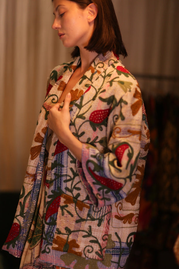 EMBROIDERED KANTHA KIMONO MONTY STRAWBERRY - sustainably made MOMO NEW YORK sustainable clothing, embellished slow fashion