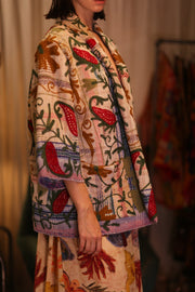 EMBROIDERED KANTHA KIMONO MONTY STRAWBERRY - sustainably made MOMO NEW YORK sustainable clothing, embellished slow fashion