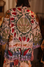 EMBROIDERED KANTHA KIMONO MONTY STRAWBERRY - sustainably made MOMO NEW YORK sustainable clothing, embellished slow fashion