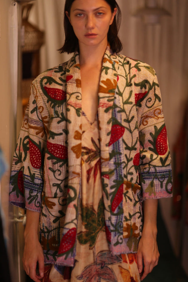 EMBROIDERED KANTHA KIMONO MONTY STRAWBERRY - sustainably made MOMO NEW YORK sustainable clothing, embellished slow fashion