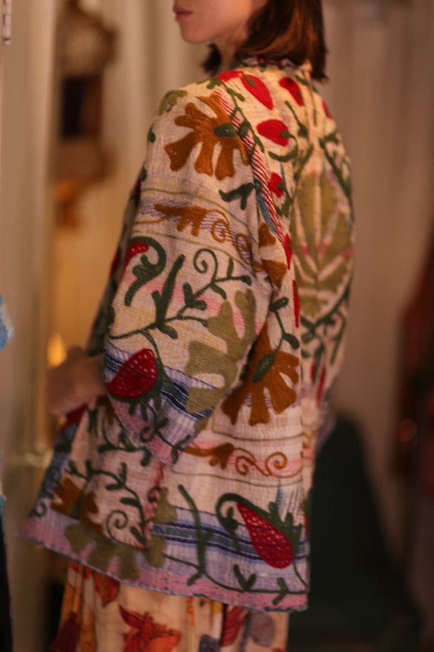 EMBROIDERED KANTHA KIMONO MONTY STRAWBERRY - sustainably made MOMO NEW YORK sustainable clothing, embellished slow fashion