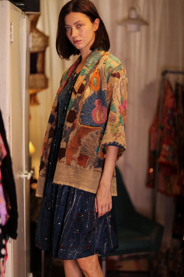 EMBROIDERED KANTHA KIMONO MONTY TROPIC FLOWER - sustainably made MOMO NEW YORK sustainable clothing, embellished slow fashion