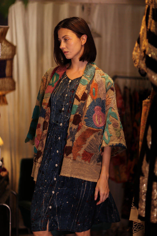 EMBROIDERED KANTHA KIMONO MONTY TROPIC FLOWER - sustainably made MOMO NEW YORK sustainable clothing, embellished slow fashion
