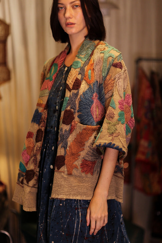 EMBROIDERED KANTHA KIMONO MONTY TROPIC FLOWER - sustainably made MOMO NEW YORK sustainable clothing, embellished slow fashion