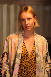 EMBROIDERED SHORT KIMONO MONTY SUZANI PASTEL - sustainably made MOMO NEW YORK sustainable clothing, embellished slow fashion