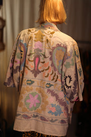 EMBROIDERED SHORT KIMONO MONTY SUZANI PASTEL - sustainably made MOMO NEW YORK sustainable clothing, embellished slow fashion
