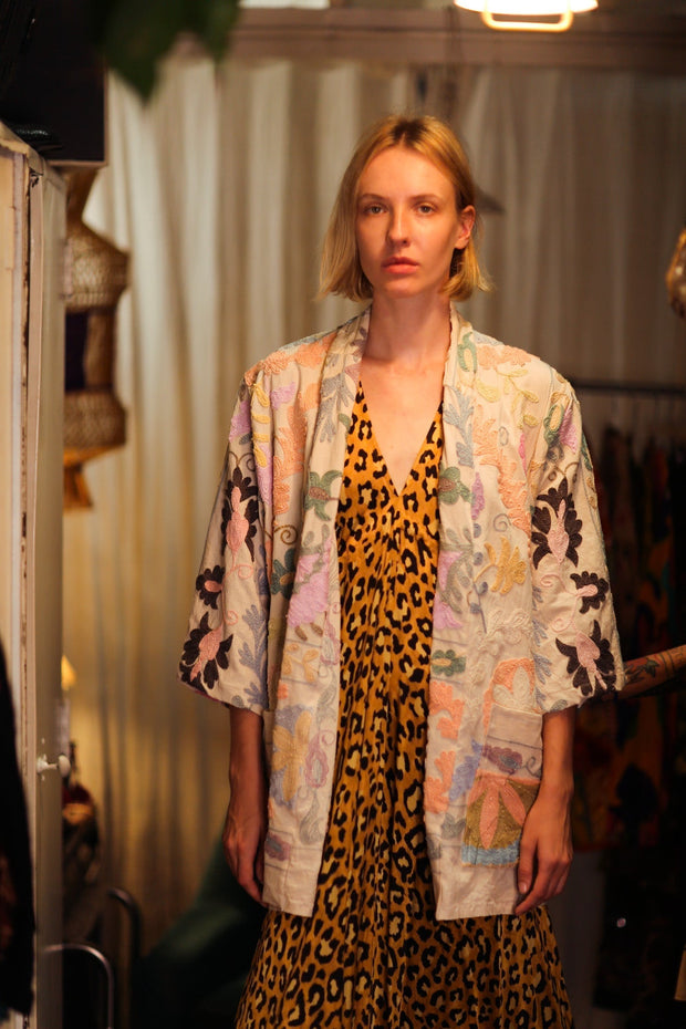 EMBROIDERED SHORT KIMONO MONTY SUZANI PASTEL - sustainably made MOMO NEW YORK sustainable clothing, embellished slow fashion