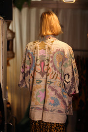 EMBROIDERED SHORT KIMONO MONTY SUZANI PASTEL - sustainably made MOMO NEW YORK sustainable clothing, embellished slow fashion
