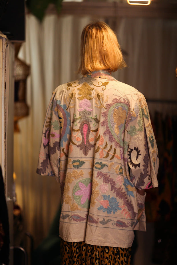 EMBROIDERED SHORT KIMONO MONTY SUZANI PASTEL - sustainably made MOMO NEW YORK sustainable clothing, embellished slow fashion