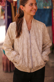 EMBROIDERED SILK BOMBER JACKET GINA - sustainably made MOMO NEW YORK sustainable clothing, bestseller slow fashion