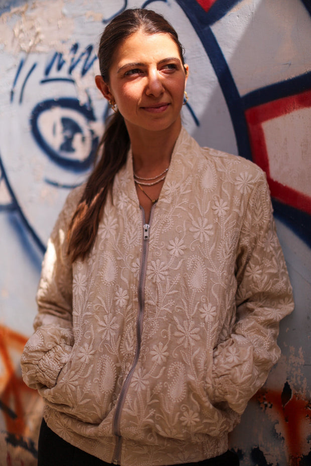 EMBROIDERED SILK BOMBER JACKET GINA - sustainably made MOMO NEW YORK sustainable clothing, bestseller slow fashion