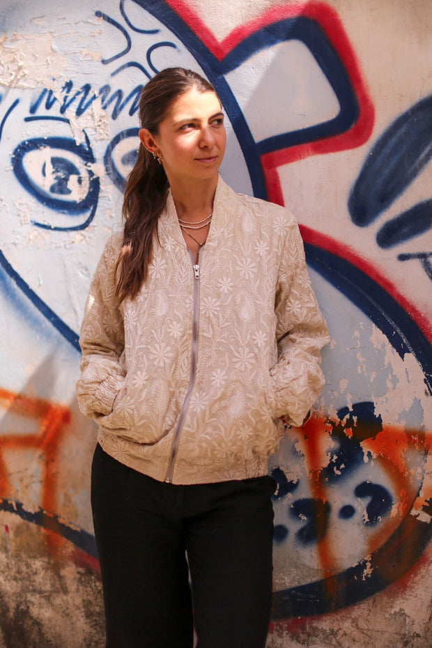 EMBROIDERED SILK BOMBER JACKET GINA - sustainably made MOMO NEW YORK sustainable clothing, bestseller slow fashion